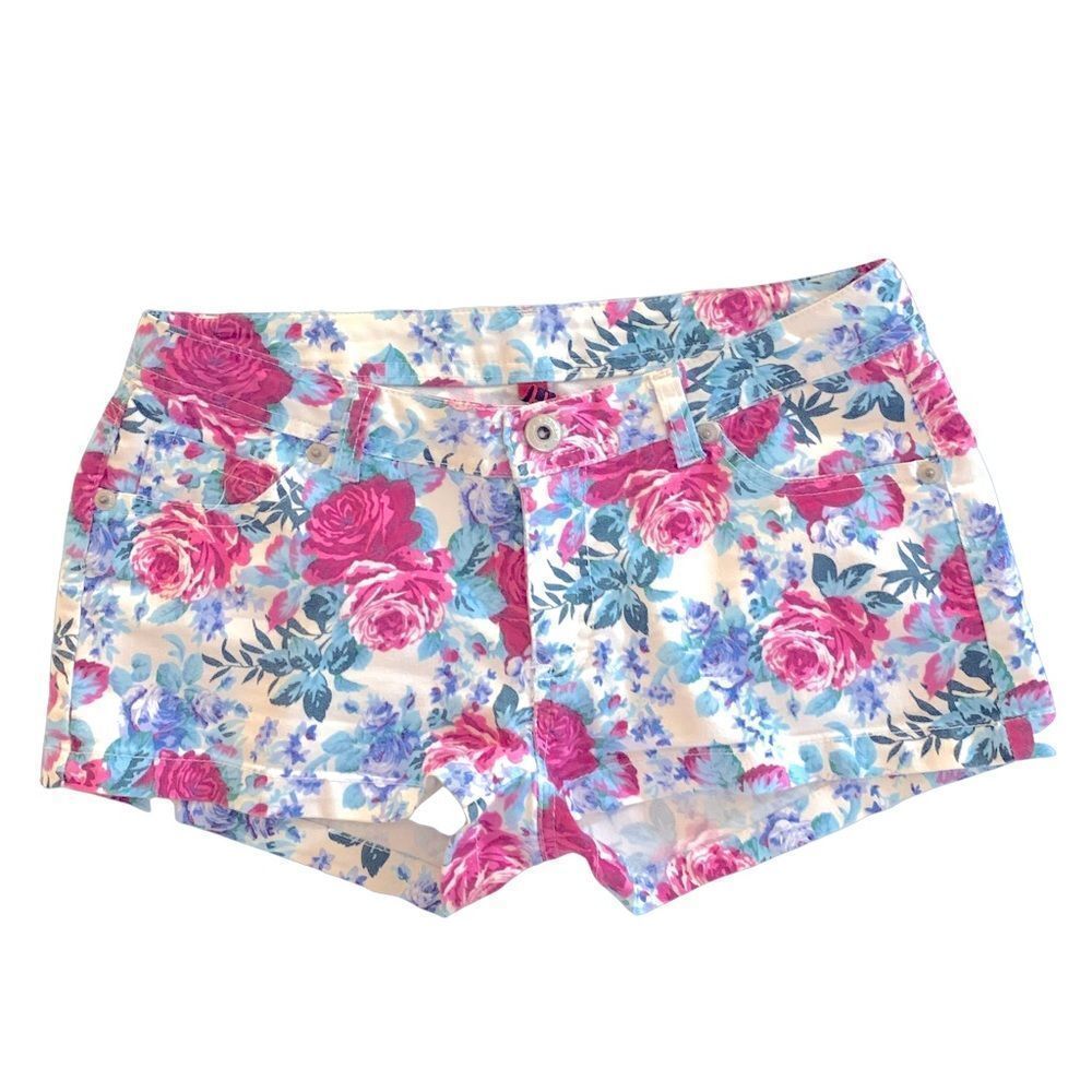 HL Small 2 25 Sexy Low Rise Bright Floral Print Lightweight Denim Shorty Shorts